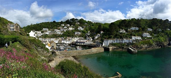 View of Polperro village, harbour and the sea